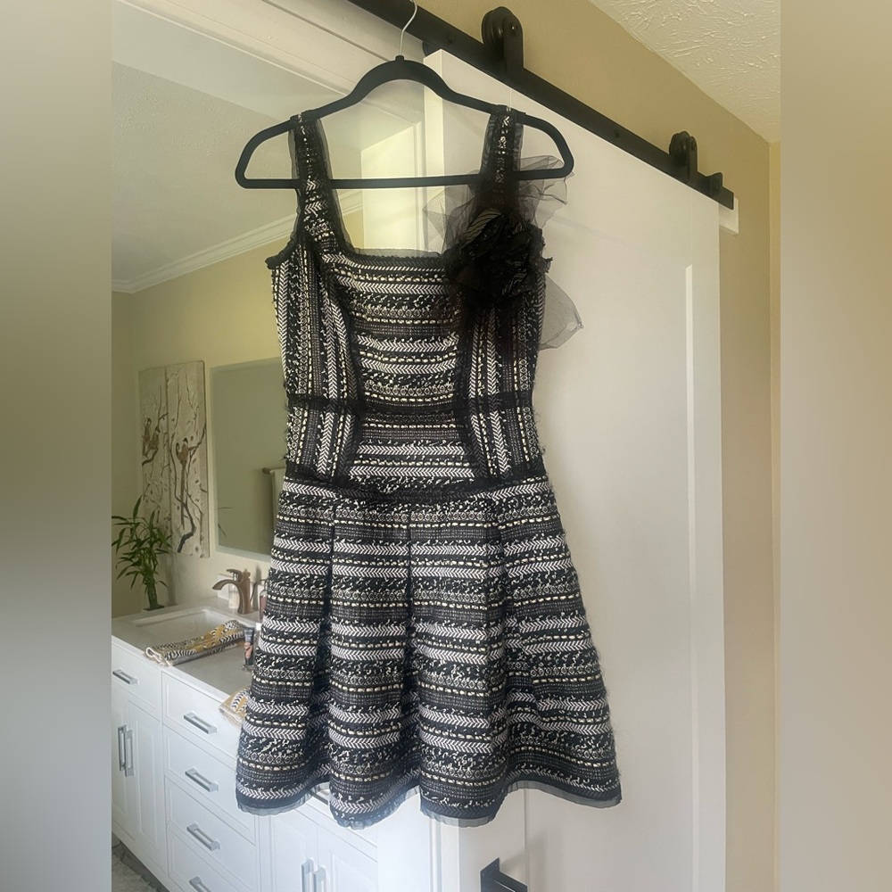 Milly Black and White Silver Tweed Dress with Floral Detail